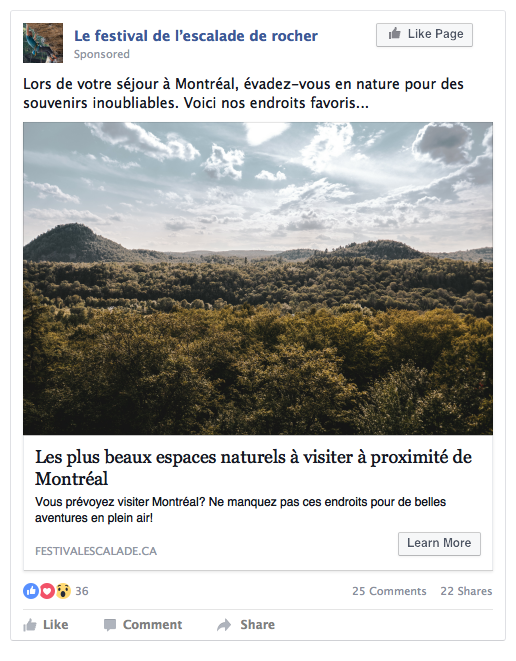 Publication Facebook : Les plus beaux espaces naturels à visiter à proximité de Montréal - Le festival de l'escalade de rocher.