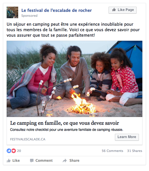 Publication Facebook : Le camping en famille, ce que vous devez savoir - Le festival de l'escalade de rocher.