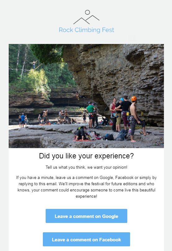 Email - Rock Climbing Festival - Did you like your experience?