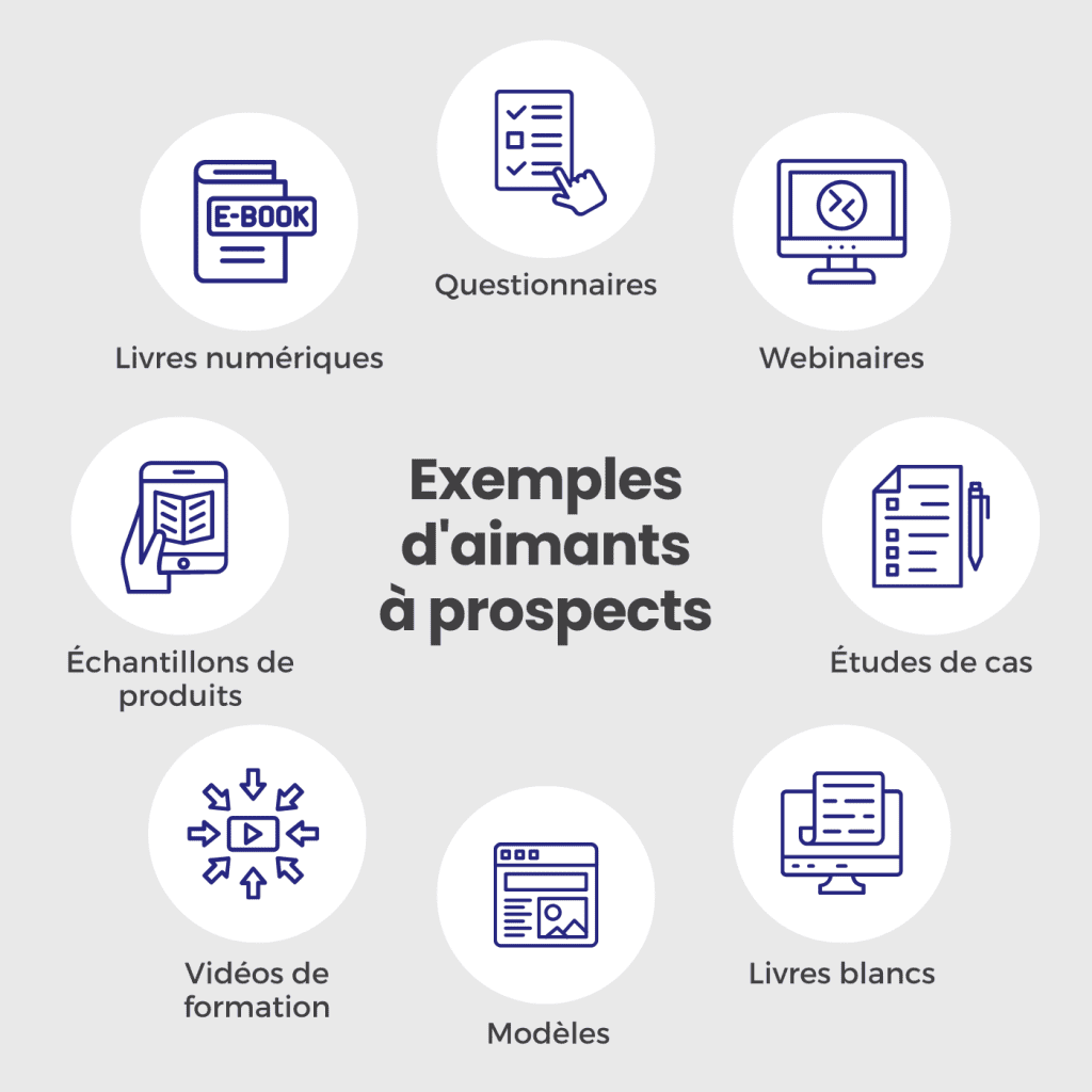 Exemples d'aimants à prospects : quiz, webinaires, études de cas, livres blancs, modèles, vidéos de formation, échantillons de produits, livres électroniques. Ce sont là des exemples d'aimants à prospects qui peuvent être utilisés pour améliorer une stratégie d'automatisation du marketing.