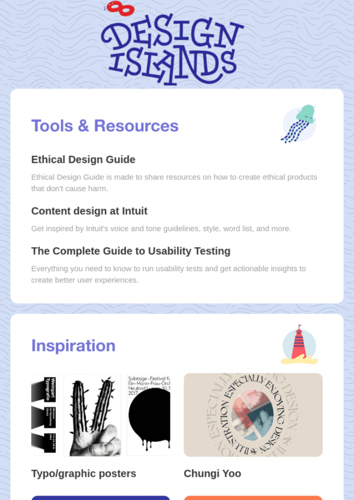 Image de la infolettre de Design Islands comme exemple de contenu de qualité pour les spécialistes du marketing courriel. L'e-mail contient deux boîtes de contenu intitulées "Outils et ressources" et "Inspiration".