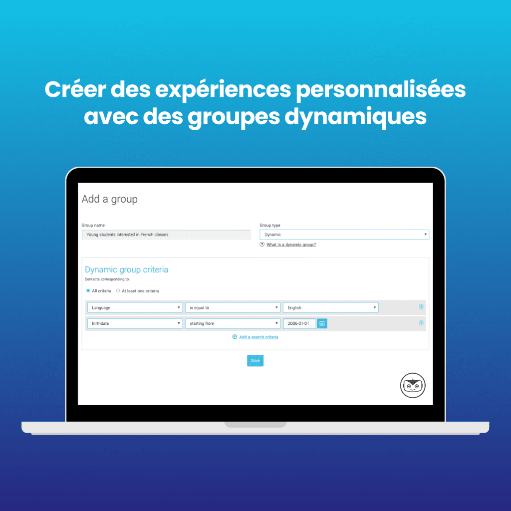 Sur un fond bleu, un ordinateur portable avec le tableau de bord Cyberimpact ouvert sur l'écran pour créer des groupes dynamiques. En haut de l'écran, on peut lire : "Créez des expériences personnalisées avec des groupes dynamiques : Créez des expériences personnalisées avec les groupes dynamiques.