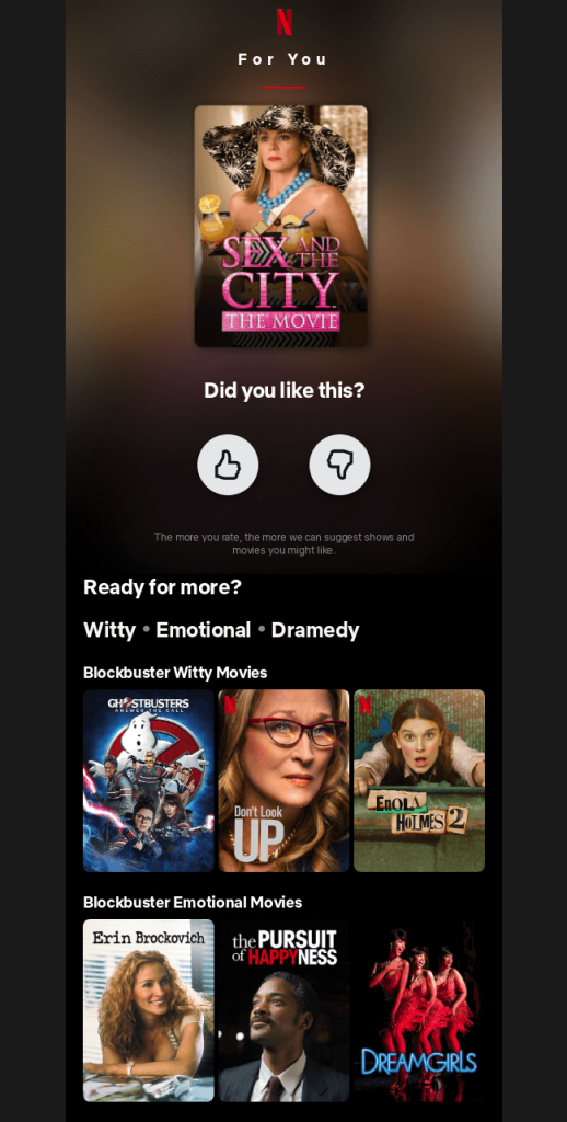 Capture d'écran d'un courriel de Netflix recommandant d'autres titres à une personne ayant regardé Sex and the City : Le film. Il s'agit d'un exemple de segmentation comportementale dans le cadre de l'automatisation du marketing.