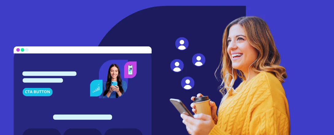 App Landing Page Tips: A woman is smiling while holding a phone and a to-go coffee cup.