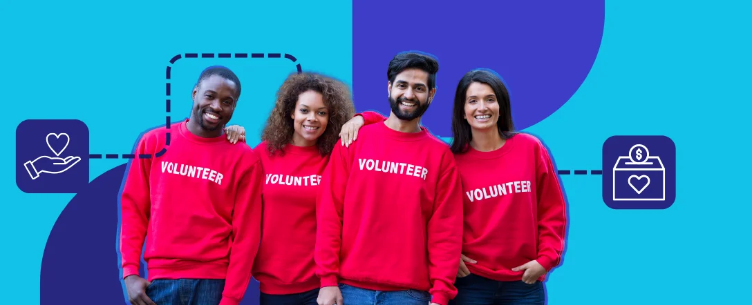 Volunteers to Advocates: A group of four volunteers wearing red sweaters with the word "volunteer" on their chests.
