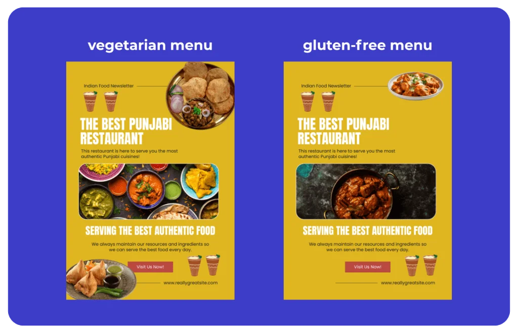 Two emails of an Indian restaurant are side by side. The one of the left promotes its vegetarian menu and the one on the right the gluten-free menu, showing examples of dynamic content in email marketing