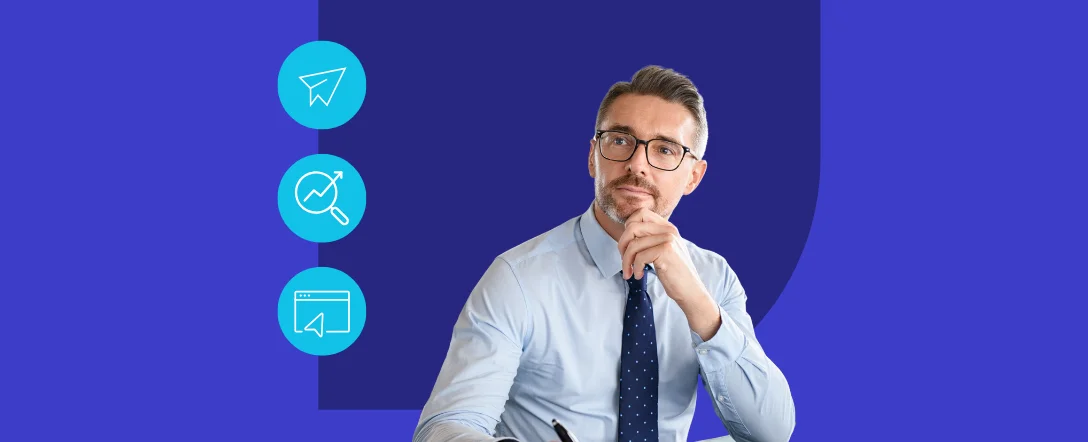 White man thinking in a blue background. Banner to the 10 Best Free Email Marketing Software in 2025