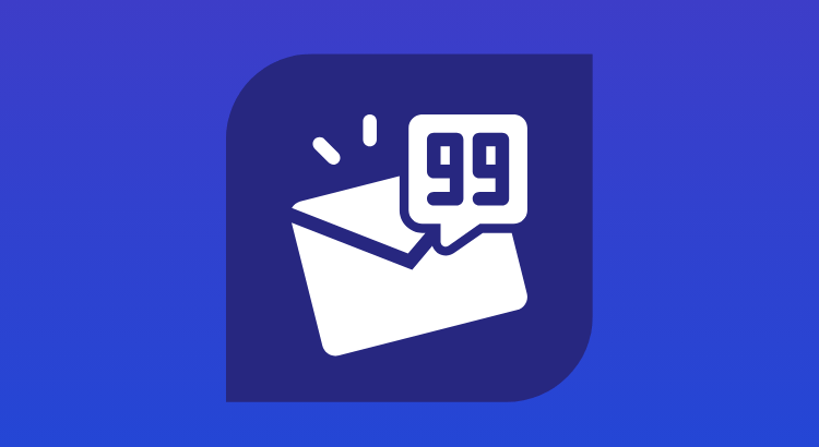 A white unread email icon over a dark blue box in a purple background