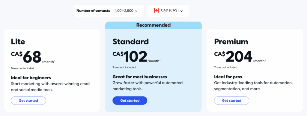 Constant Contact pricing table