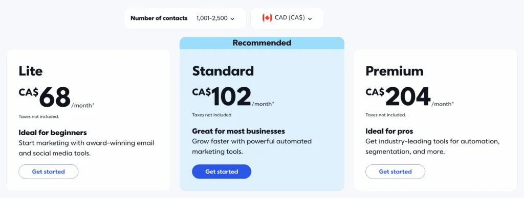 Constant Contact pricing table