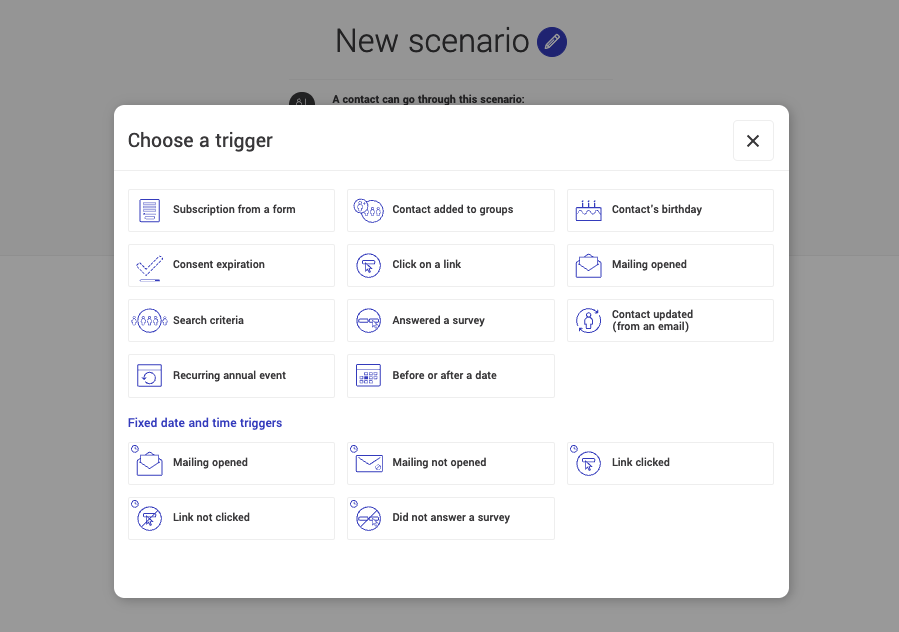List of automation triggers available at Cyberimpact