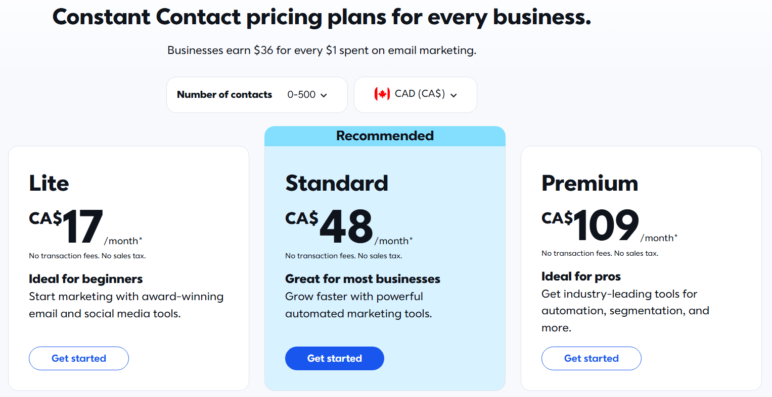 constant contact pricing