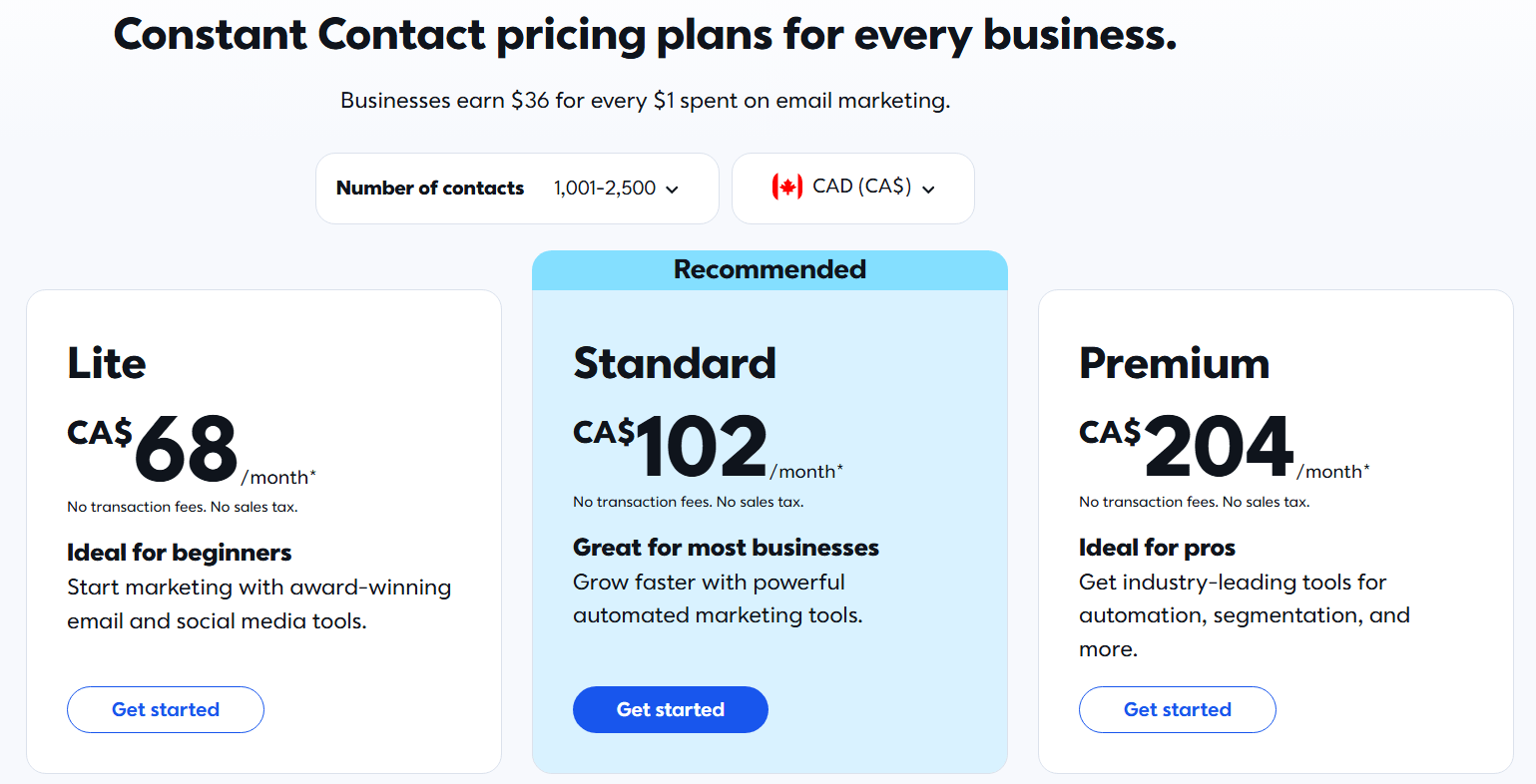 constant contact pricing